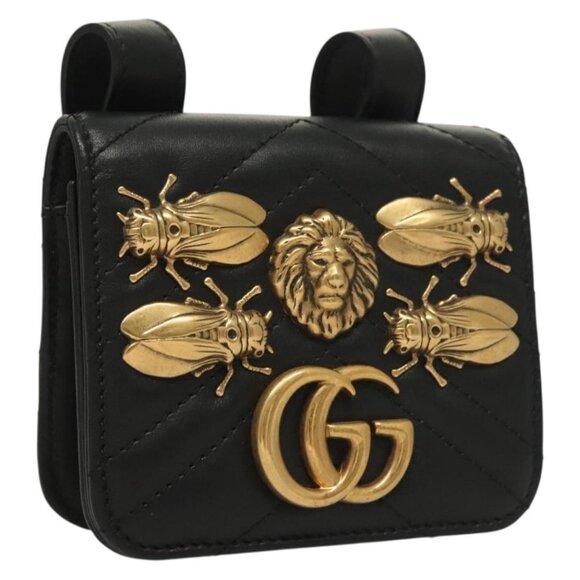 GUCCI Waist Pouch Leather Black Gold 488417 0416 Auth sw1265 - Picture 1 of 16